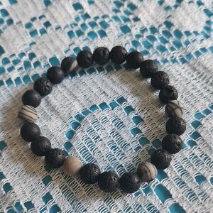 Black Lava Stone Beaded Bracelet with Accent Beads - Men Accessories